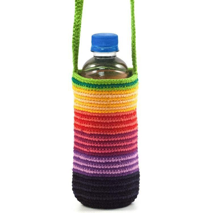 Hand knitted rainbow colored water bottle holder with shoulder strap