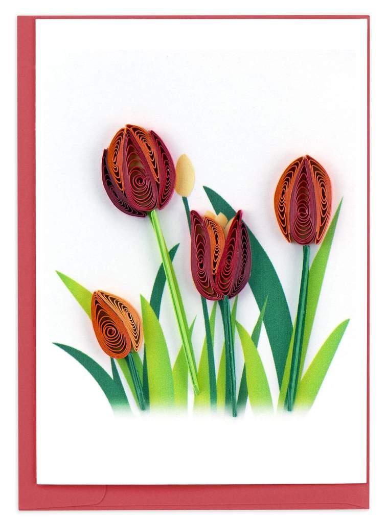 A small greeting card with a floral design, featuring red and orange paper quilled tulips, accompanied by a red envelope.