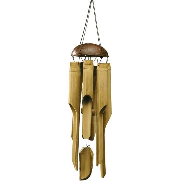 A handmade round bamboo wind chime with a coconut top, hanging.