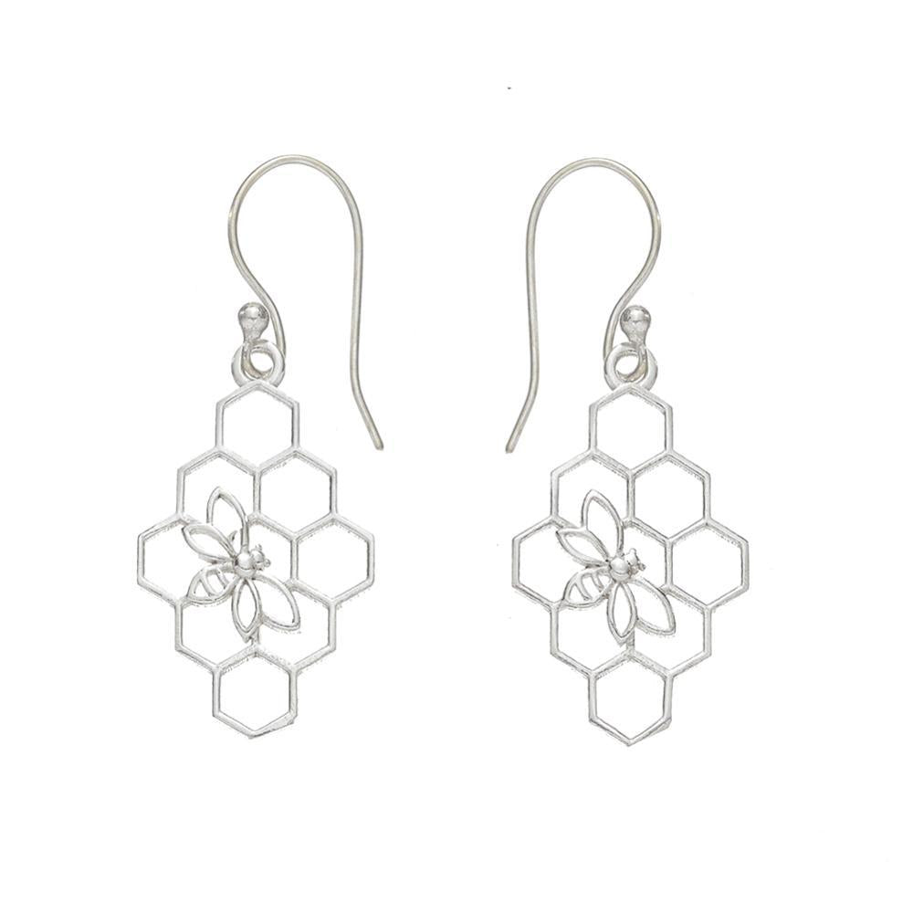 Silver beehive earrings on a white background