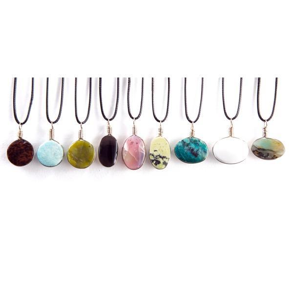 A variety of beaded necklaces with different colors and patterns, each featuring a semi-precious stone pendant attached to a manmade cord with a lobster clasp.