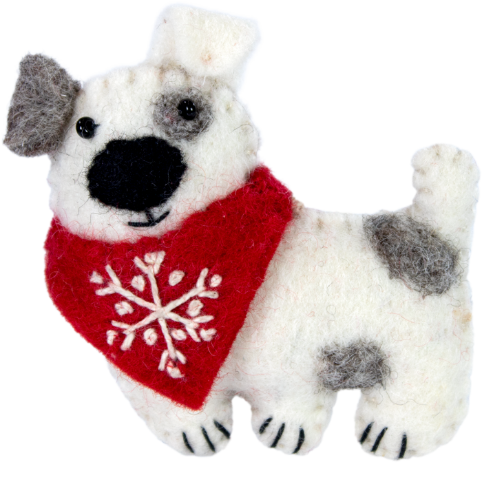 Handmade felt Christmas ornament of a dog wearing a red scarf with a white snowflake.