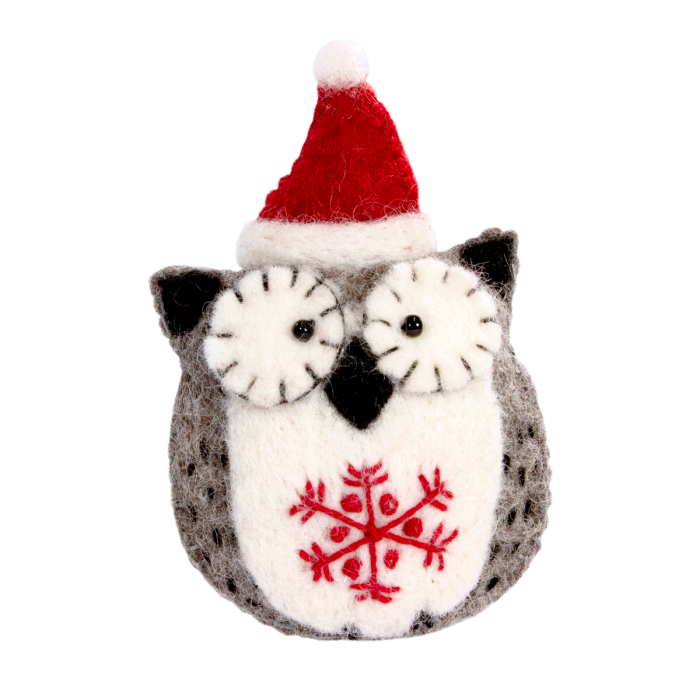 Handcrafted felt owl ornament with a fun red Santa hat and snowflake.