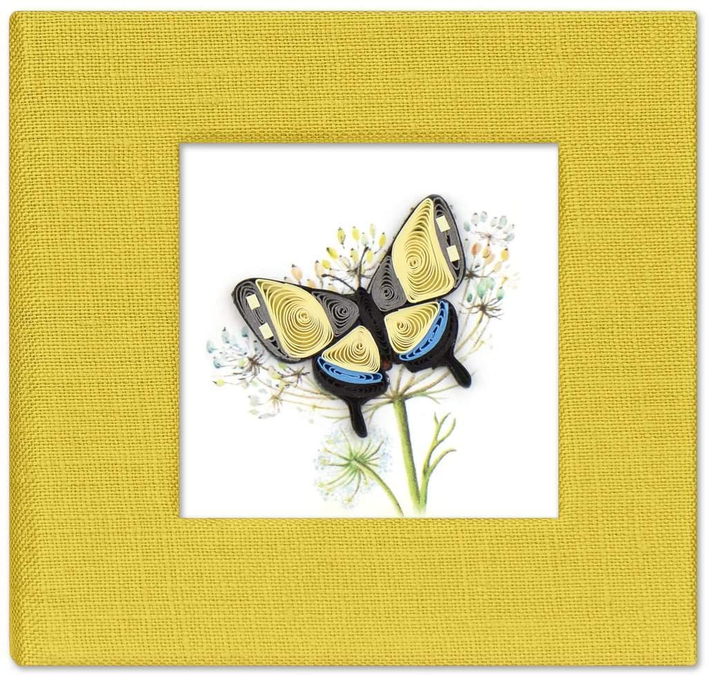 A handcrafted red sticky note cover with a quilled swallowtail butterfly design on the front, made of paper, displayed against a white background.