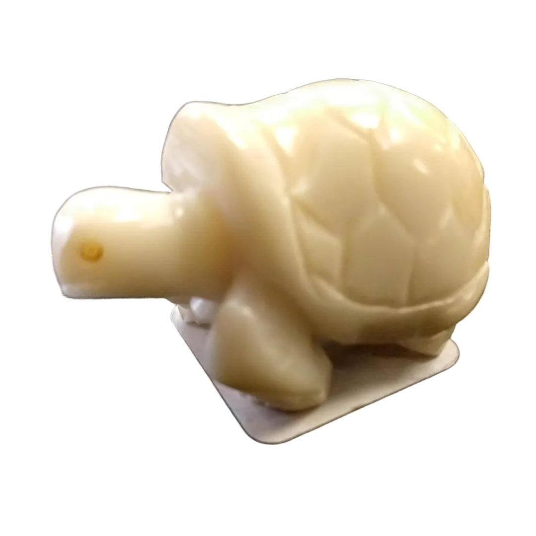 A hand-carved white tagua nut figurine of a turtle, with a smooth finish and displayed against a dark background.
