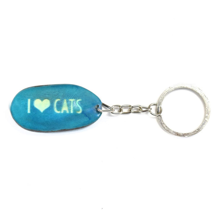 A aqua tagua nut keychain with the word 'I heart cats' engraved on it, attached to a metal keyring.