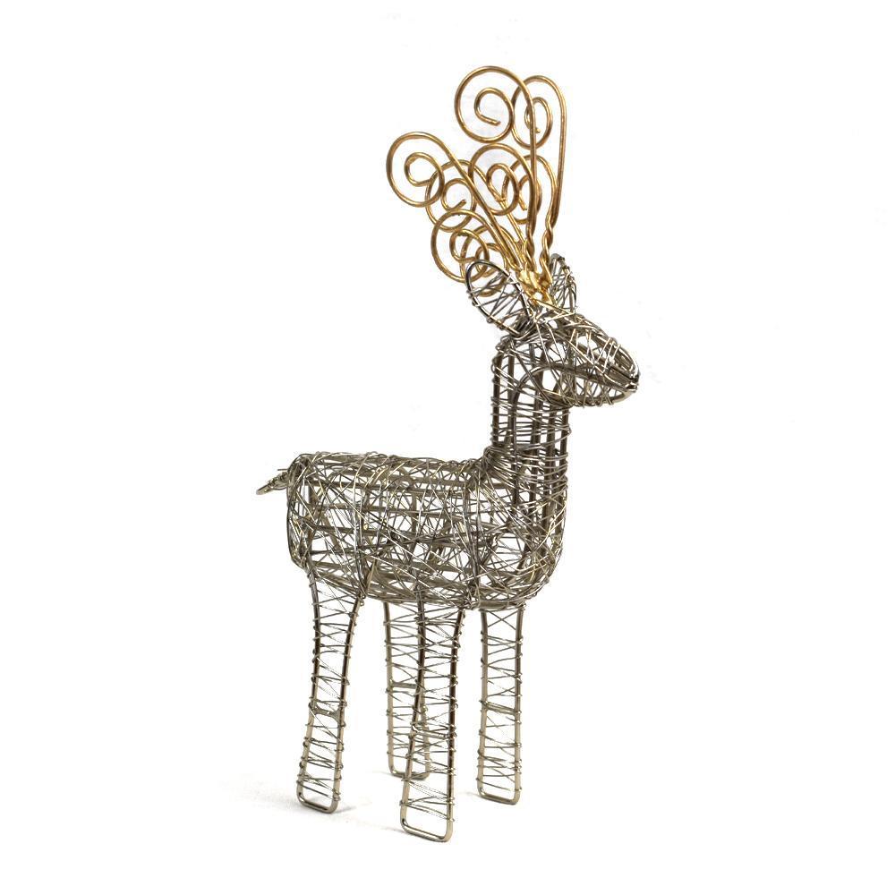 A gold antler silver body wire reindeer decoration, standing against a white background.