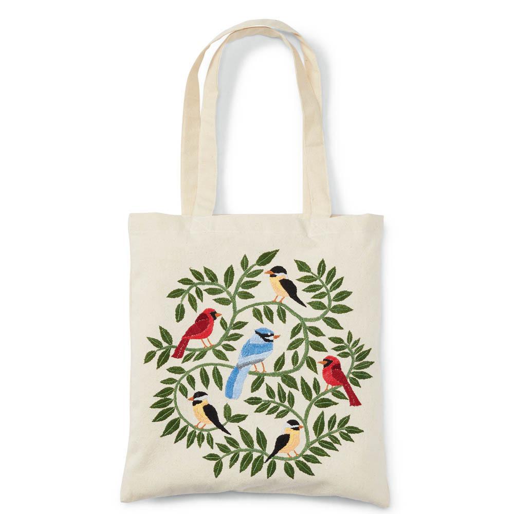 An Embroidered tote bag with woodland birds and green leaves on a white background. 