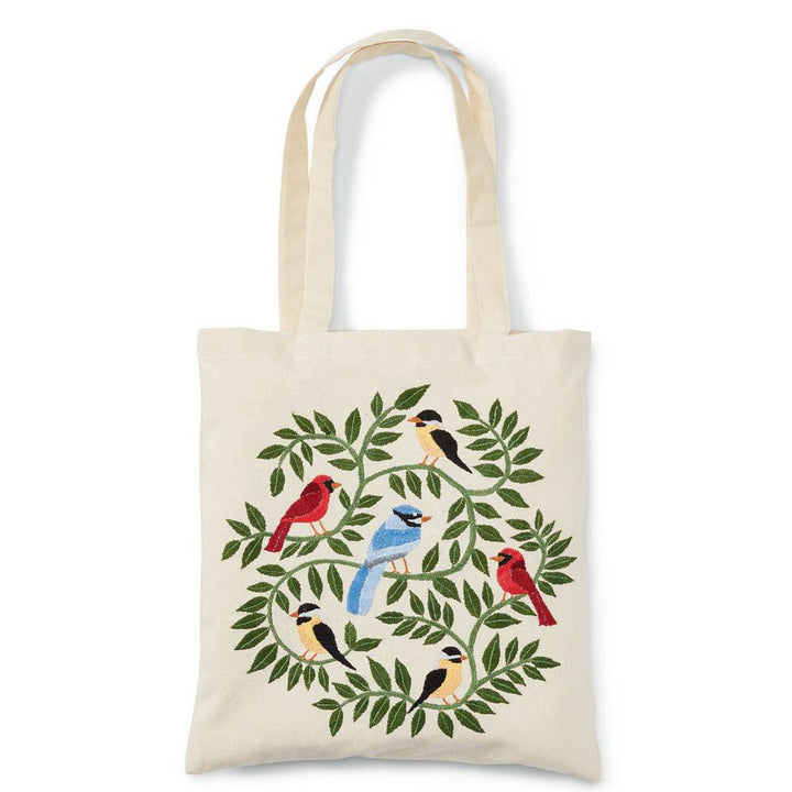An Embroidered tote bag with woodland birds and green leaves on a white background. 